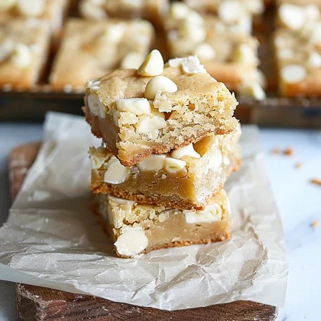 Delicious White Chocolate Blondies with chunks of white chocolate on a plate