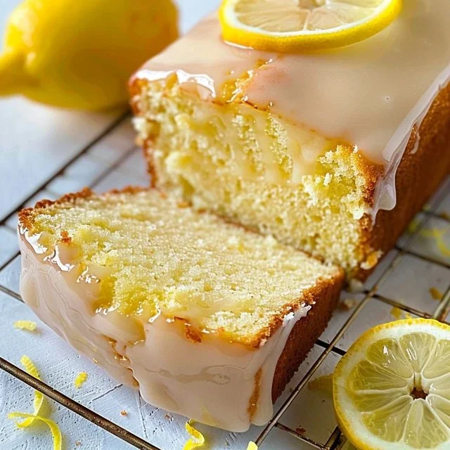 Slice of Greek yogurt lemon cake with a fresh lemon garnish