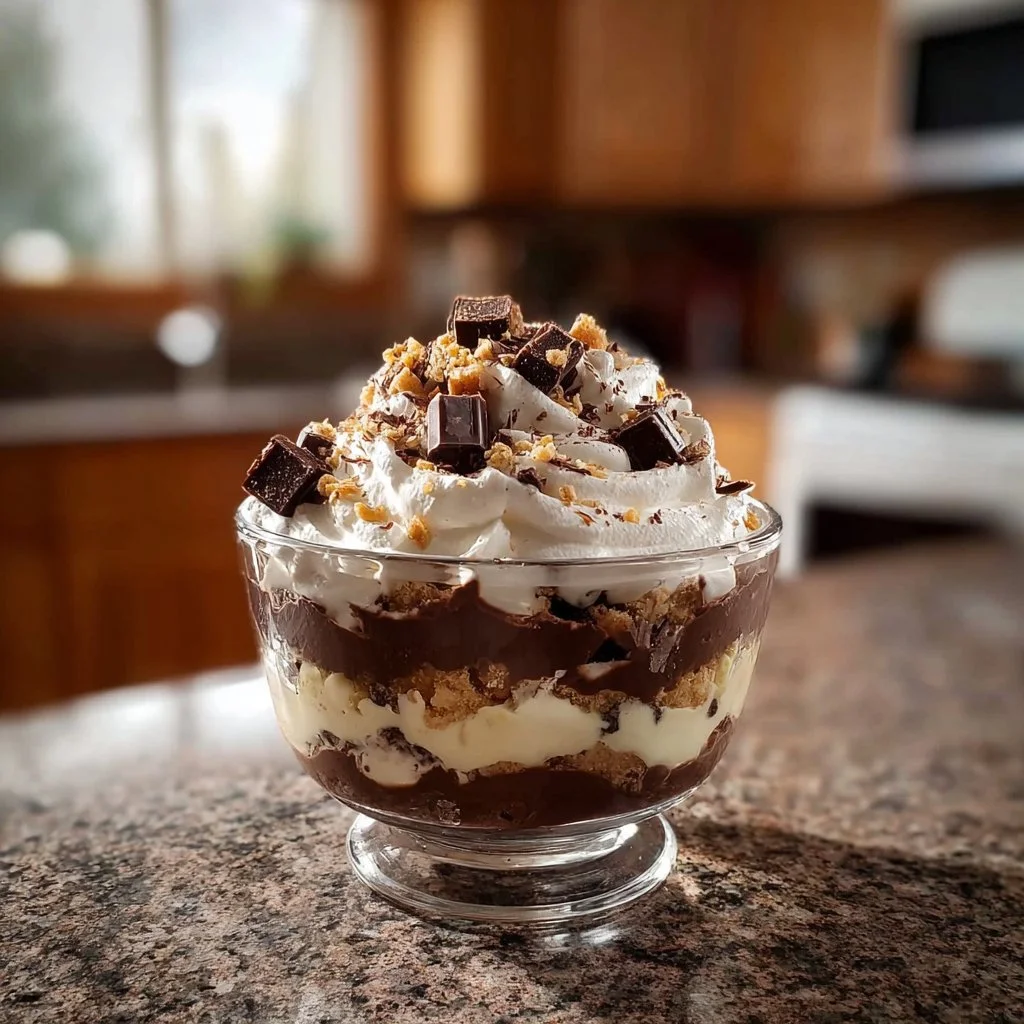 Delicious Baileys Chocolate Cheesecake Trifle with layers of chocolate and cream