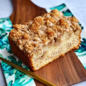 Banana crumb coffee cake with streusel topping served on a plate