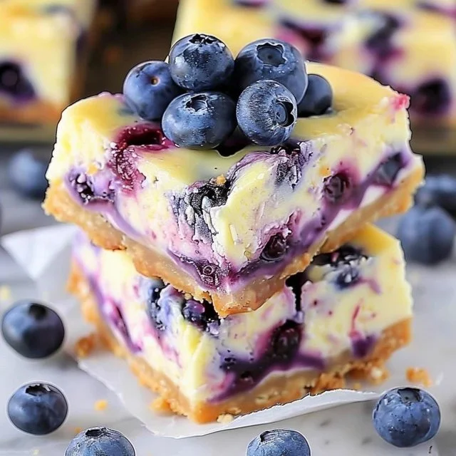 Delicious blueberry cheesecake bars topped with fresh blueberries and creamy filling