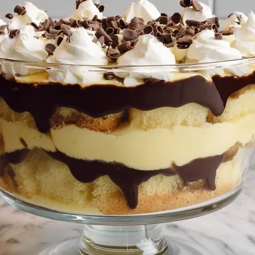 Boston Cream Pie Trifle with layers of smooth vanilla custard and chocolate glaze