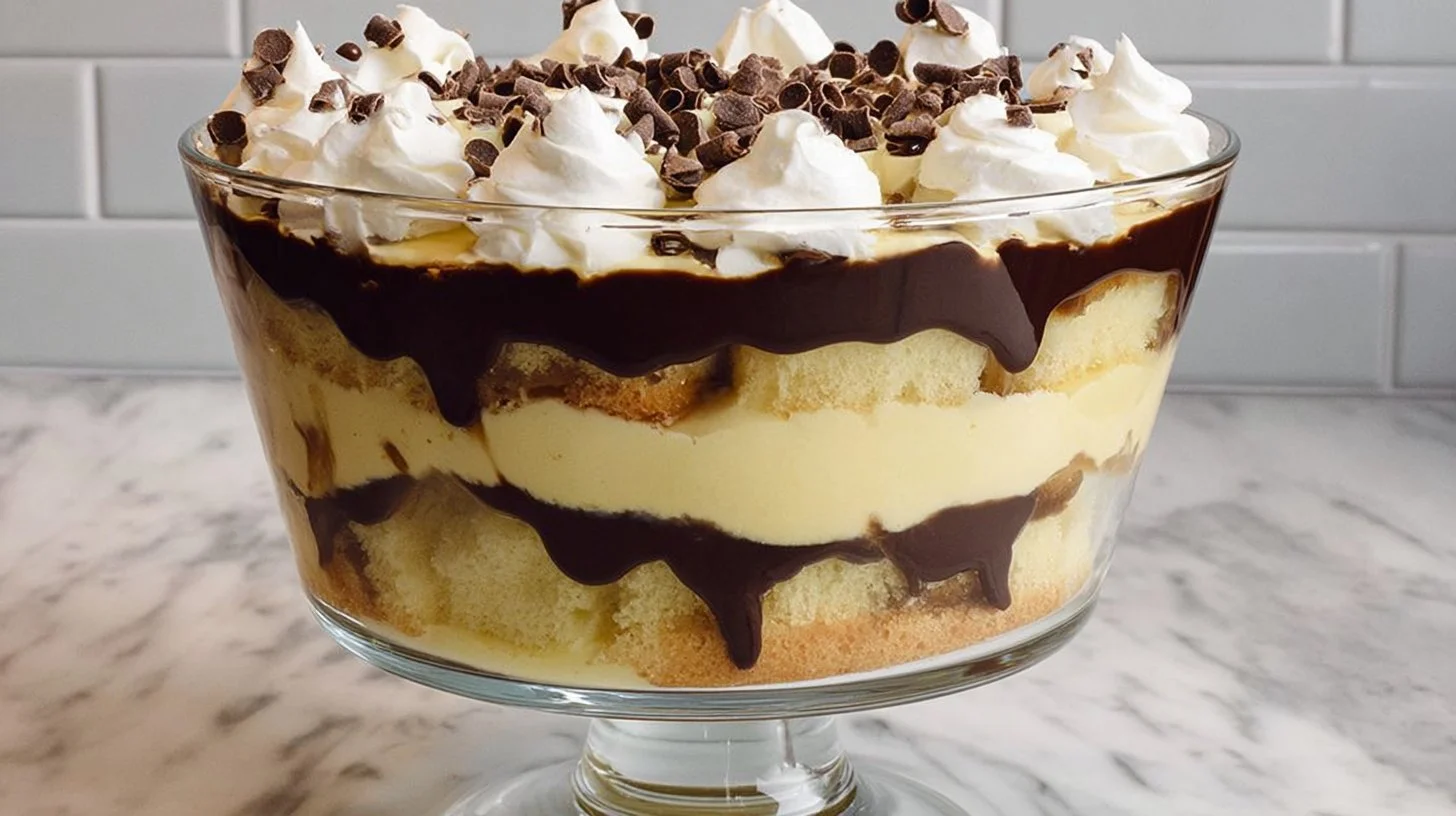 Boston Cream Pie Trifle with layers of smooth vanilla custard and chocolate glaze