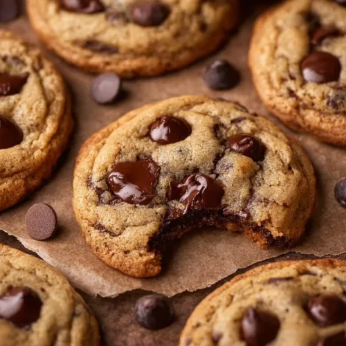 Brown butter sourdough discard chocolate chip cookies on a wooden plate