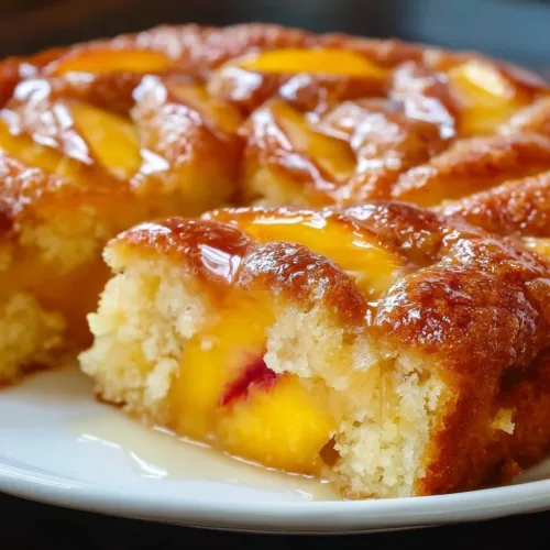 Delicious brown sugar peach cake topped with fresh peach slices and whipped cream.