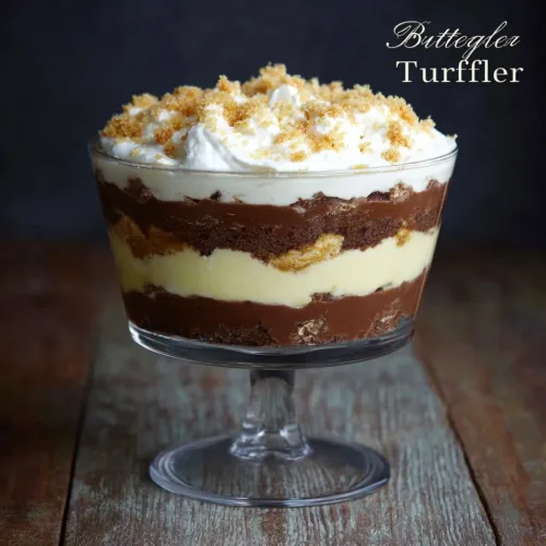 Delicious Butterfinger Trifle with crunchy candy layers in a glass dish