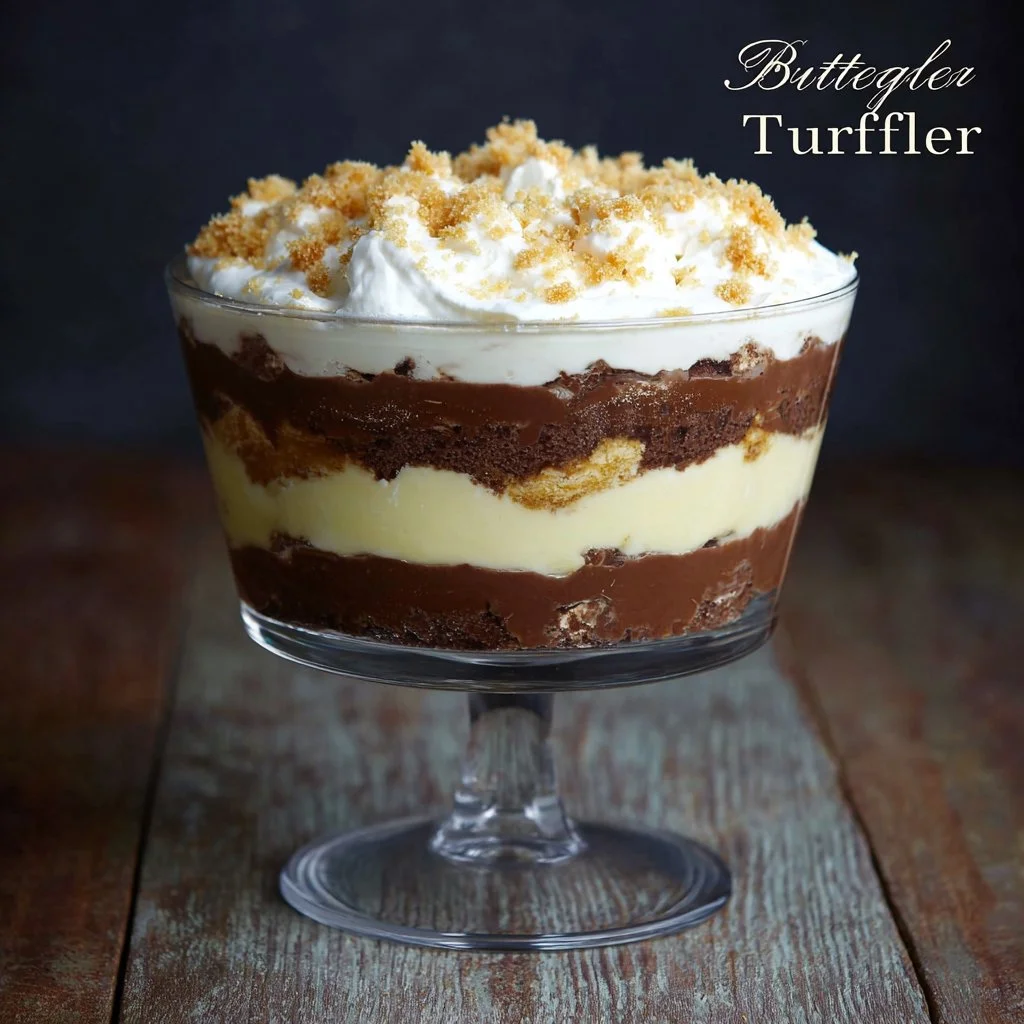 Delicious Butterfinger Trifle with crunchy candy layers in a glass dish