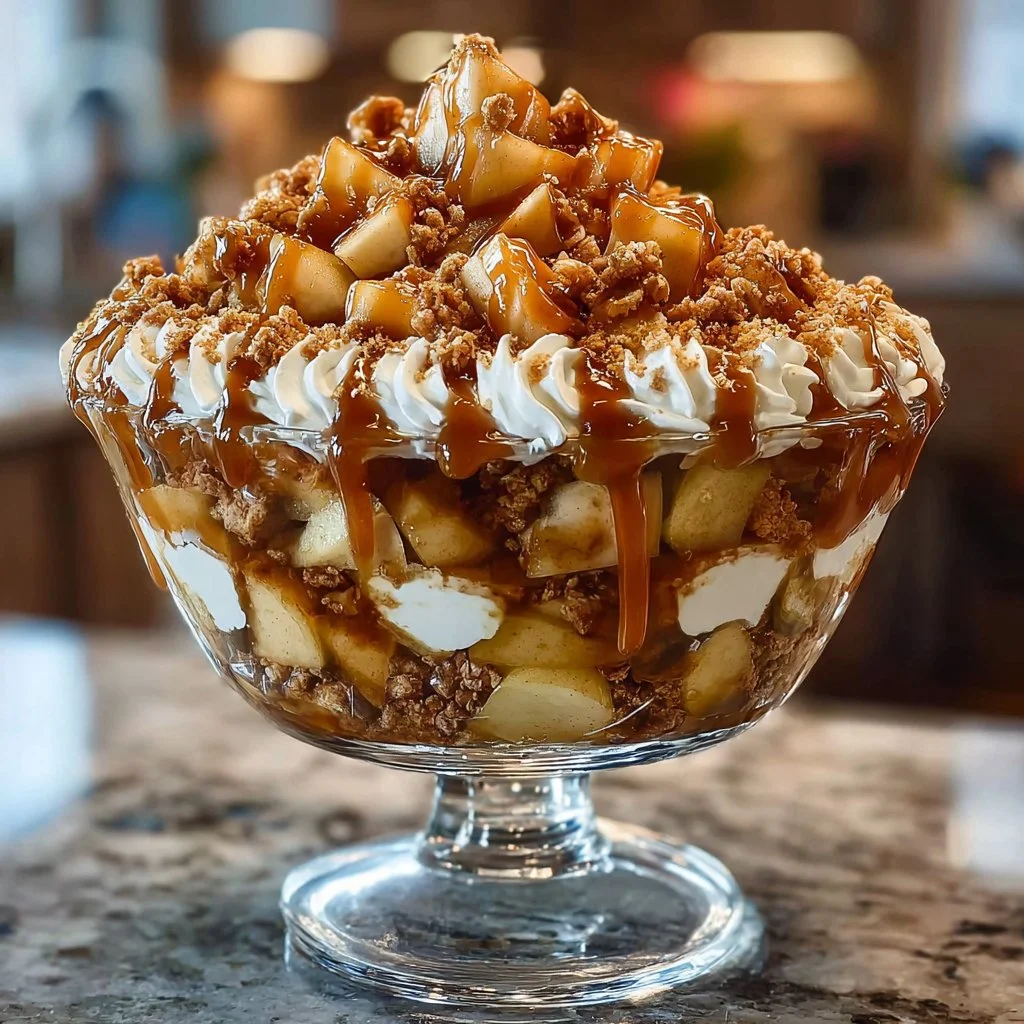 Delicious caramel apple trifle layered with cream and caramel sauce