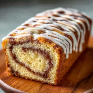 Cinnamon Roll Loaf Cake 3 Slice of cinnamon roll loaf cake with cinnamon swirls and icing.