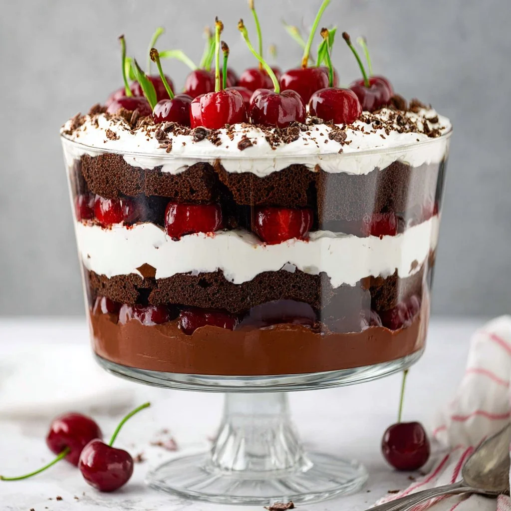 Delicious Classic Black Forest Trifle with layers of chocolate and cherries