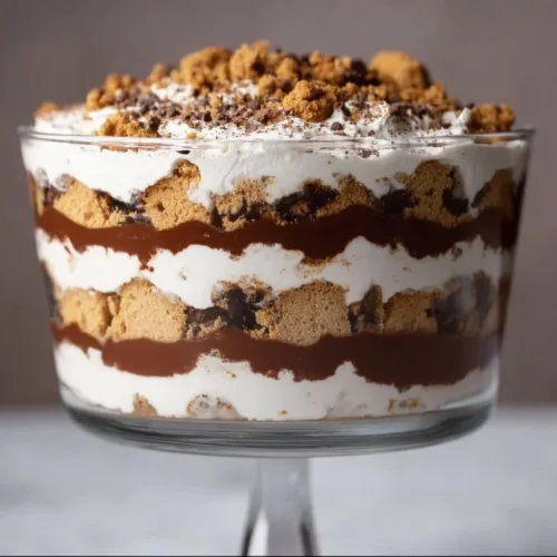 Delicious Cookie Dough Trifle with layers of chocolate chip cookie dough and pudding