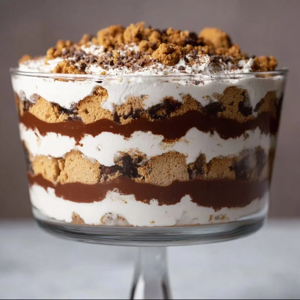 Delicious Cookie Dough Trifle with layers of chocolate chip cookie dough and pudding