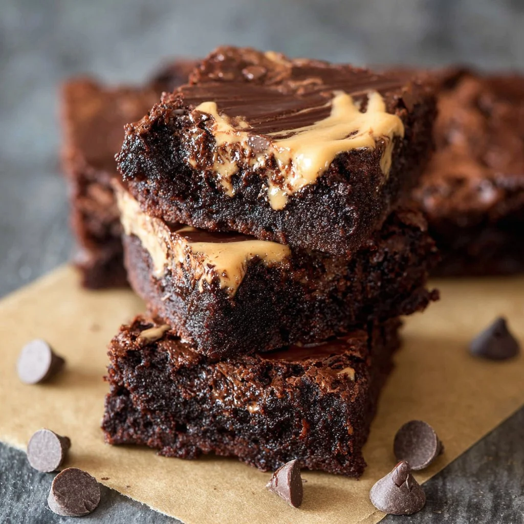 Delicious cottage cheese chocolate brownies topped with a drizzle of chocolate.