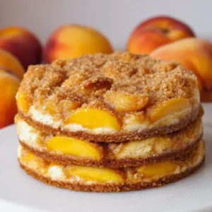Creamy peach cobbler cheesecake topped with fresh peaches and crust