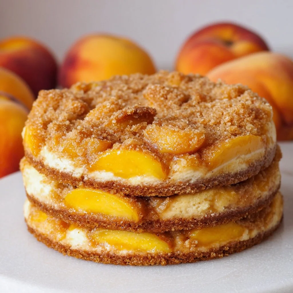 Creamy peach cobbler cheesecake topped with fresh peaches and crust