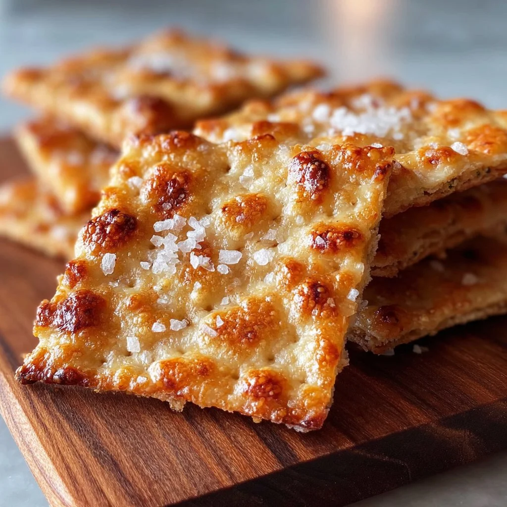 Delicious crispy sourdough crackers topped with sea salt on a wooden platter