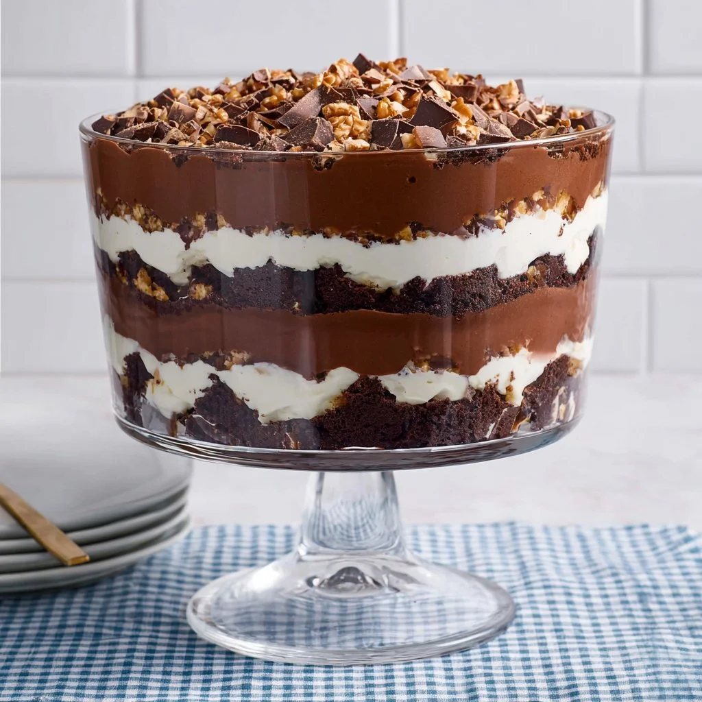 Delicious Death By Chocolate Trifle with fudgy brownies and creamy layers
