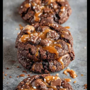 Double Chocolate Salted Caramel Cookies drizzled with chocolate glaze