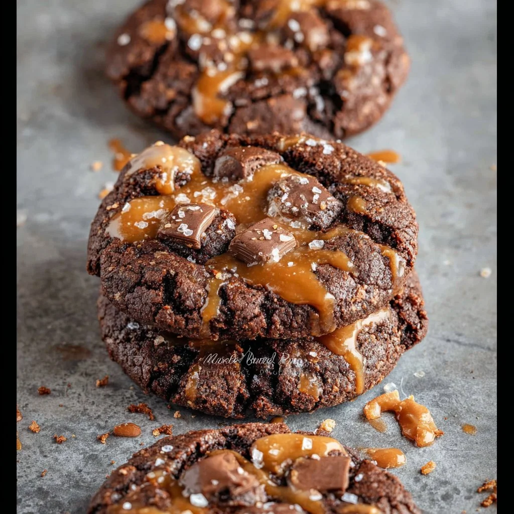 Double Chocolate Salted Caramel Cookies drizzled with chocolate glaze