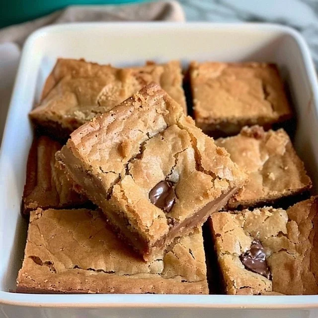 Delicious easy blondie brownies on a white plate