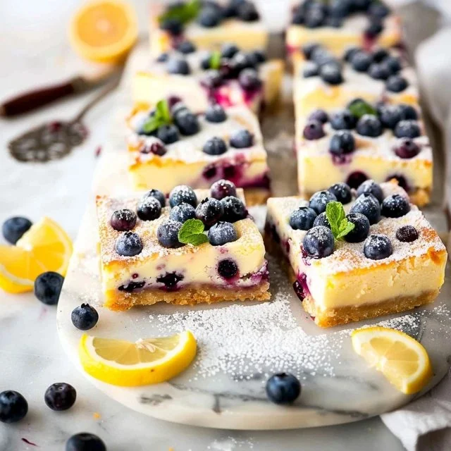 Delicious blueberry cheesecake bars topped with fresh blueberries