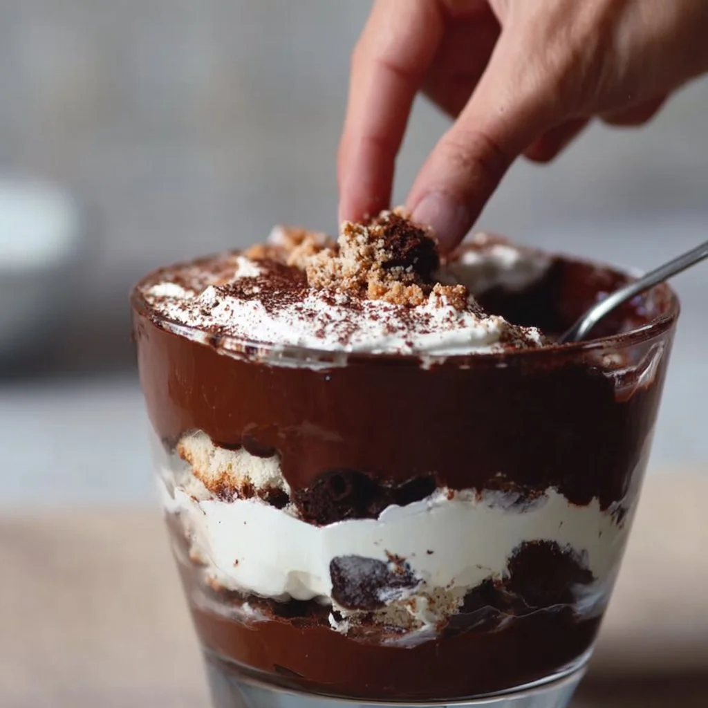 Delicious easy chocolate trifle dessert layered with chocolate and whipped cream