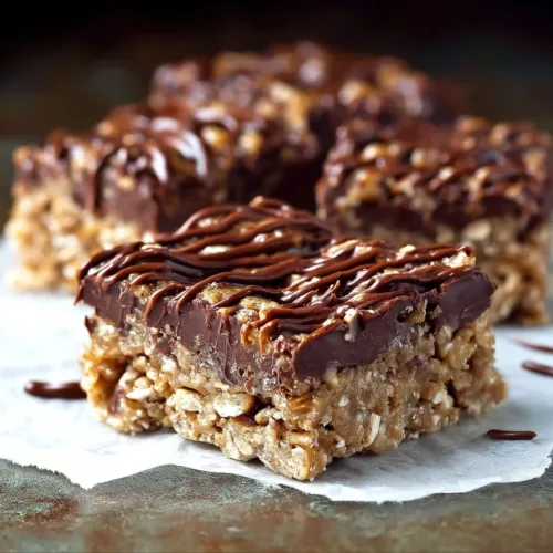 No bake chocolate oatmeal bars topped with chocolate and oats