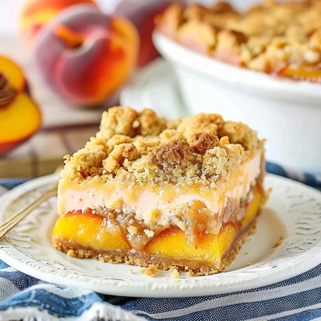 Delicious peach cobbler cheesecake bars topped with fresh peaches and a buttery crumble.
