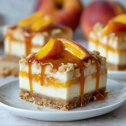 Delicious easy peach cobbler cheesecake bars topped with peaches and graham cracker crust.