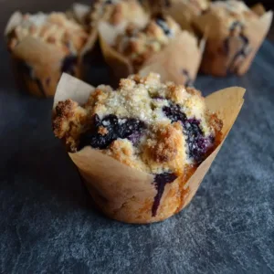 Freshly baked sourdough blueberry muffins on a cooling rack