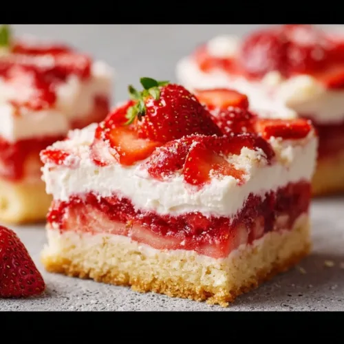 Delicious easy strawberry shortcake bars topped with fresh strawberries and whipped cream