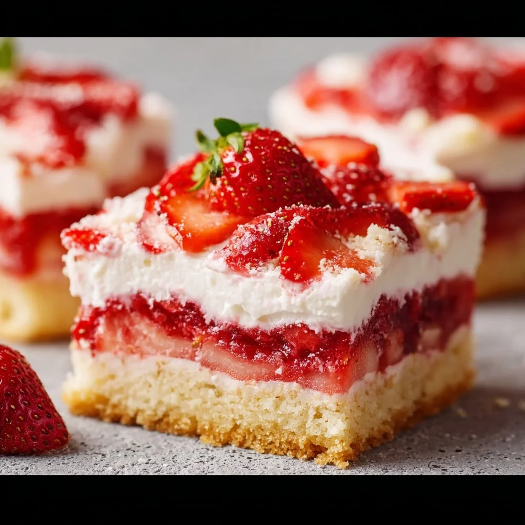 Delicious easy strawberry shortcake bars topped with fresh strawberries and whipped cream