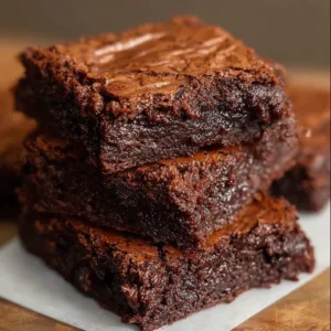 Fudgy sourdough discard brownies on a wooden table with chocolate pieces