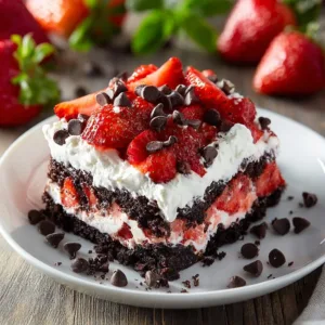 Gooey Strawberry Earthquake Cake topped with fresh strawberries and cream cheese swirl.