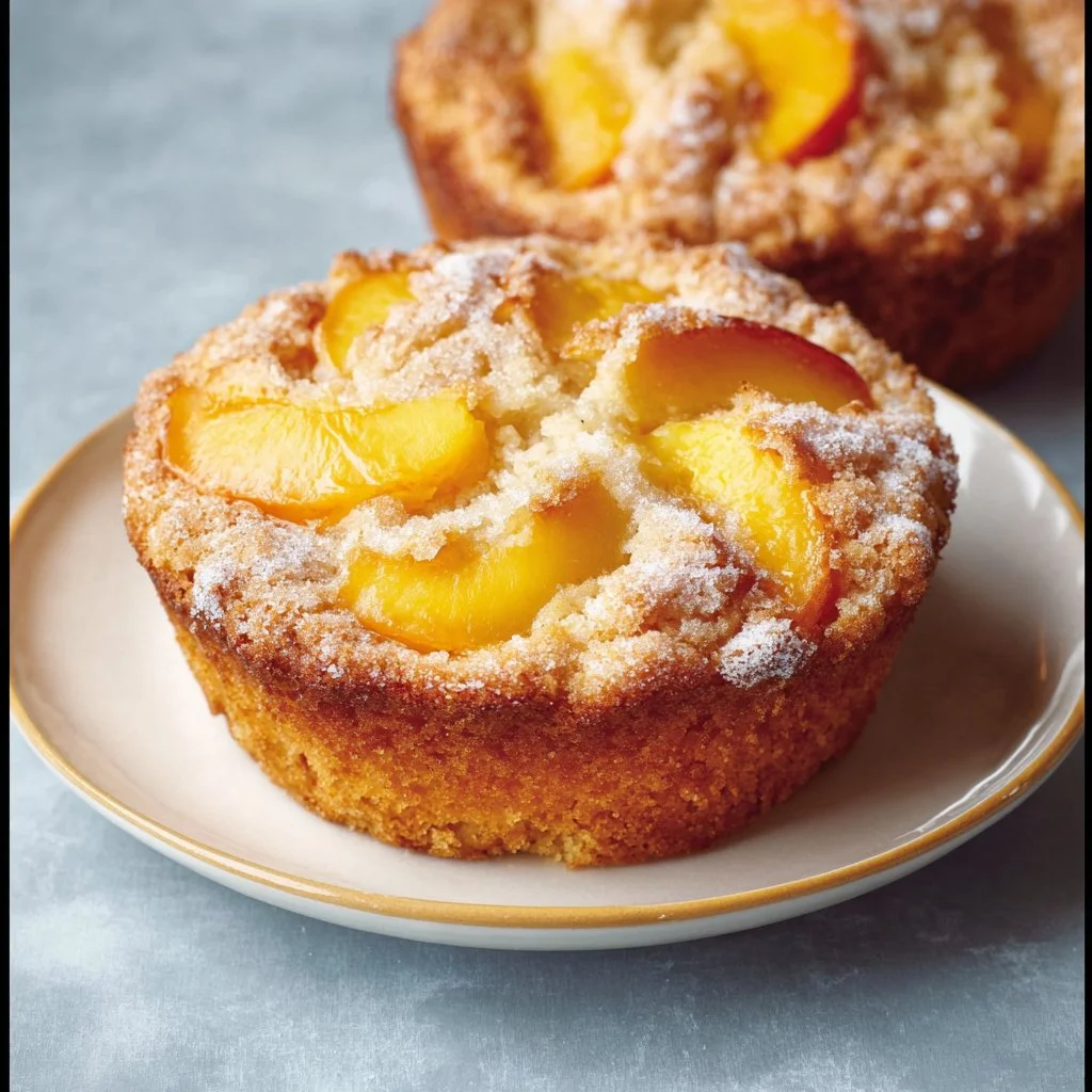 Freshly baked homemade peach cobbler muffins on a wooden table