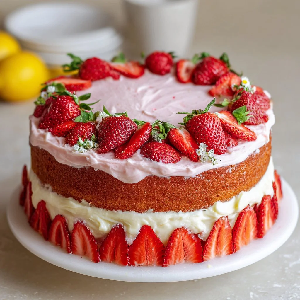 Delicious homemade strawberry lemon cake topped with fresh strawberries and lemon zest