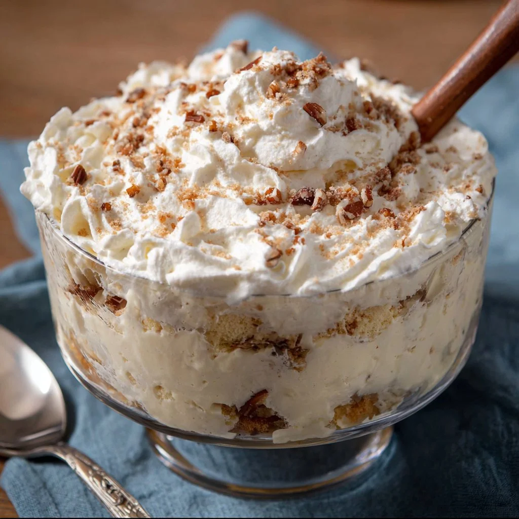 Delicious Italian Cream Cake Trifle layered with cream and cake