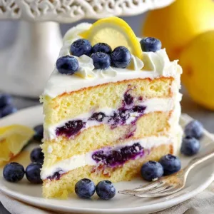 Slice of lemon blueberry cake with fresh blueberries and lemon zest on top