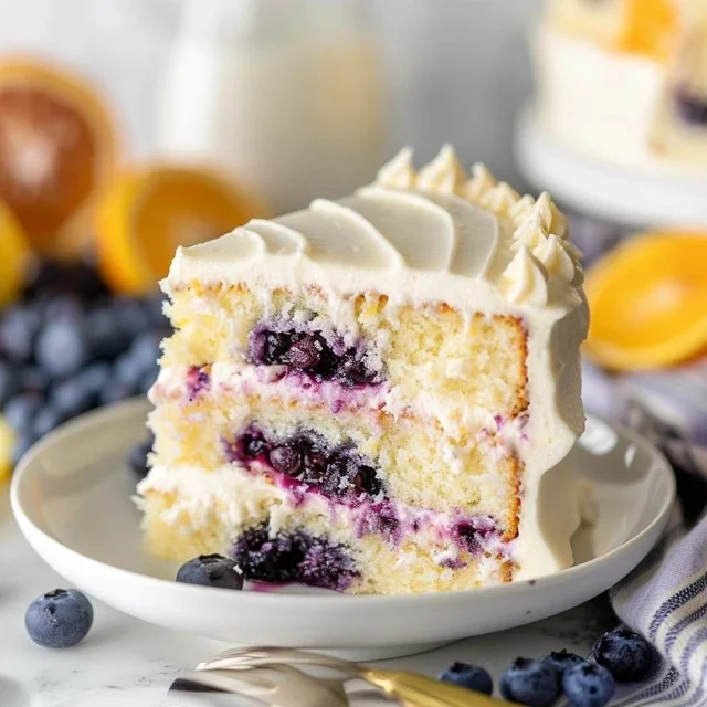 Delicious lemon blueberry cake topped with fresh blueberries and icing.