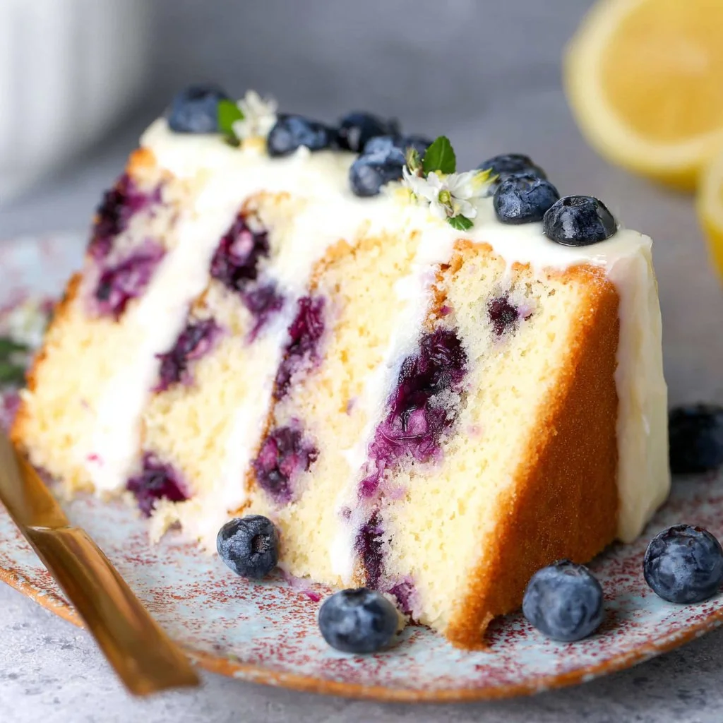 Lemon Blueberry Cake topped with fresh blueberries and lemon zest