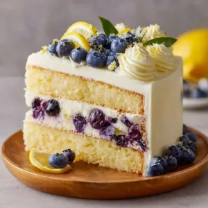 Lemon blueberry cake topped with whipped lemon cream frosting