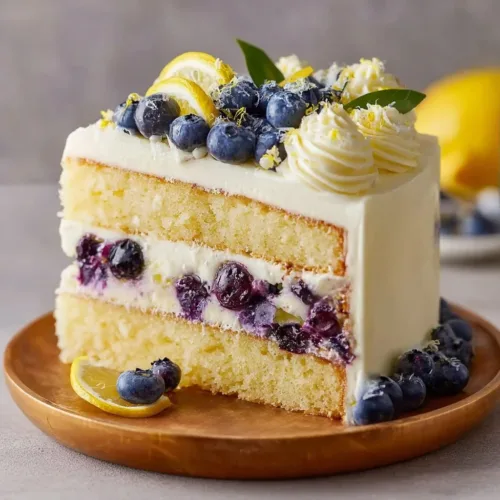 Lemon blueberry cake topped with whipped lemon cream frosting