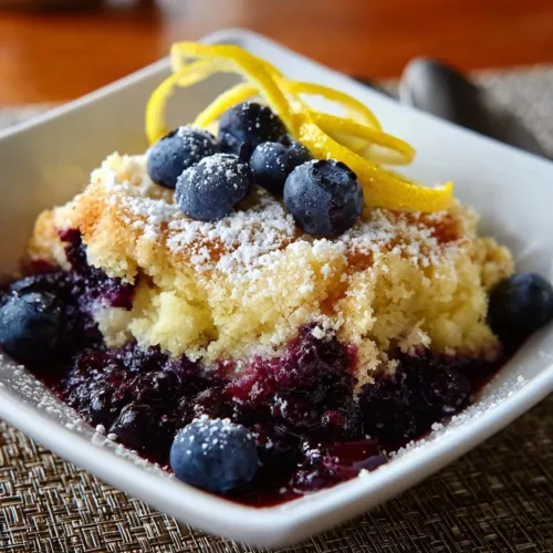 Lemon Blueberry Cheesecake Dump Cake topped with fresh blueberries
