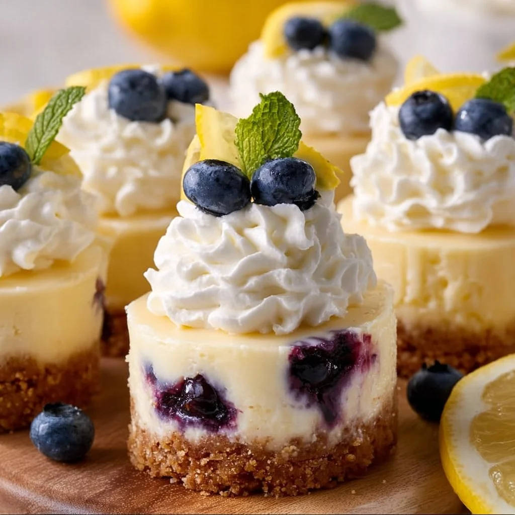 Lemon blueberry mini cheesecakes topped with fresh blueberries.