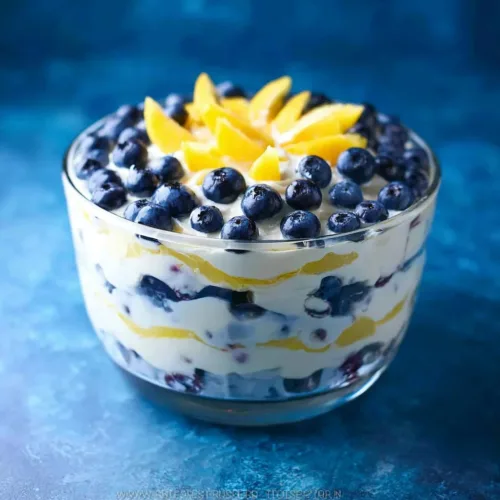 Lemon blueberry trifle dessert with layers of lemon and blueberries