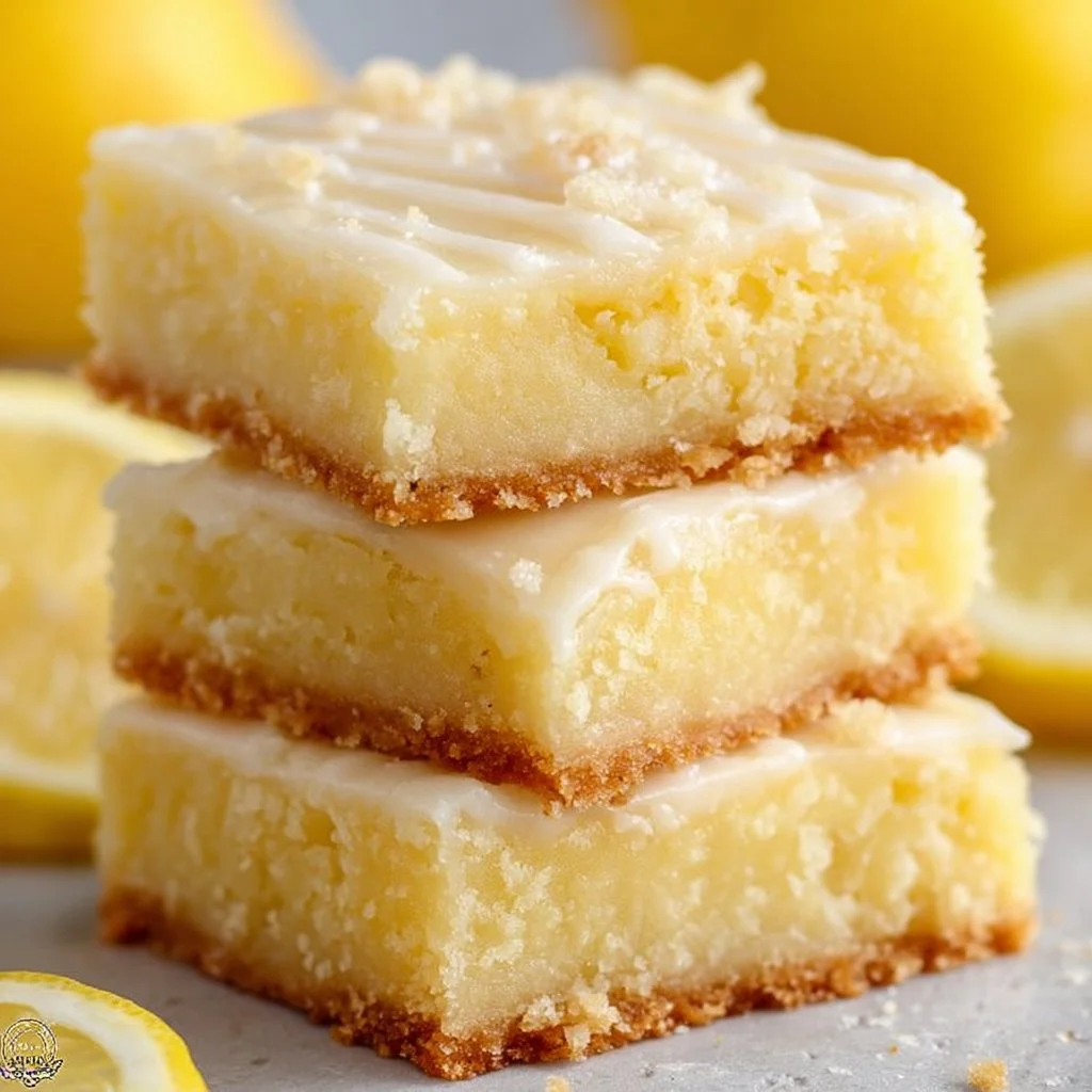 Delicious lemon brownie bars with a buttery texture on a white plate