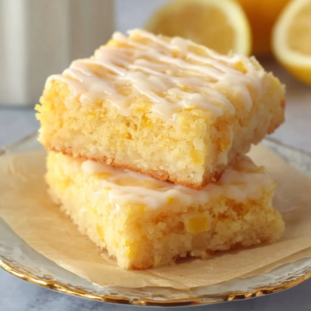 Delicious lemon brownies on a white plate, with a drizzle of lemon glaze.