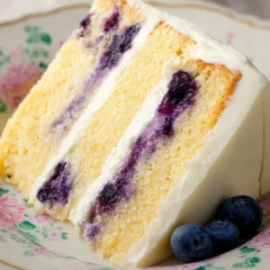 Light lemon blueberry snack cake topped with fresh blueberries and lemon zest.