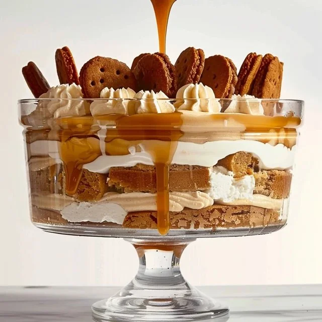 Delicious Lotus Biscoff Trifle with layers of cream and Biscoff biscuits