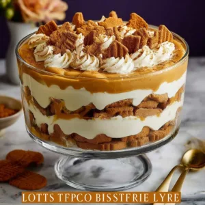 Delicious Lotus Biscoff trifle dessert layered with cream and biscuit